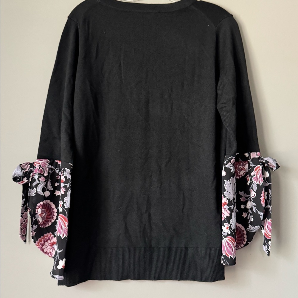 LOFT Black and Purple Bell Sleeve Blouse with Tie Front - Picture 5 of 7